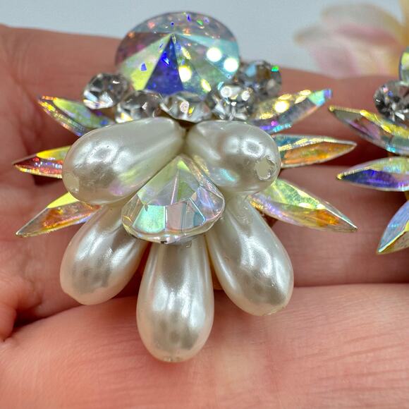 Vintage Rhinestone Earrings AB Rivoli Navettes Runway Ballroom Faux Pearls Bling - Picture 10 of 17